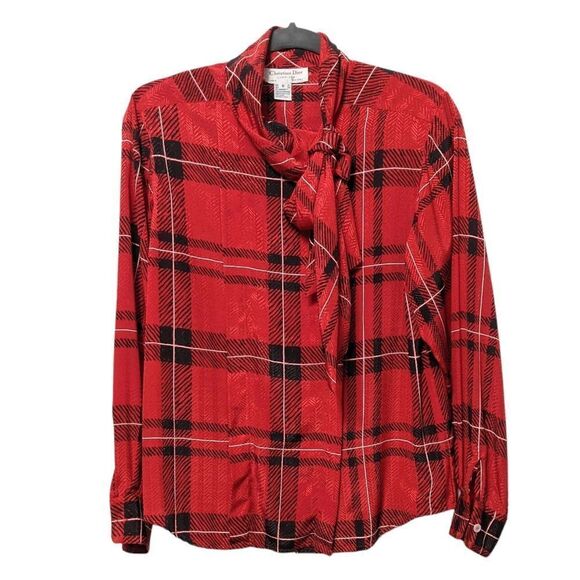 CHRISTIAN DIOR Vintage Plaid Pussybow Blouse 6 - Picture 1 of 5